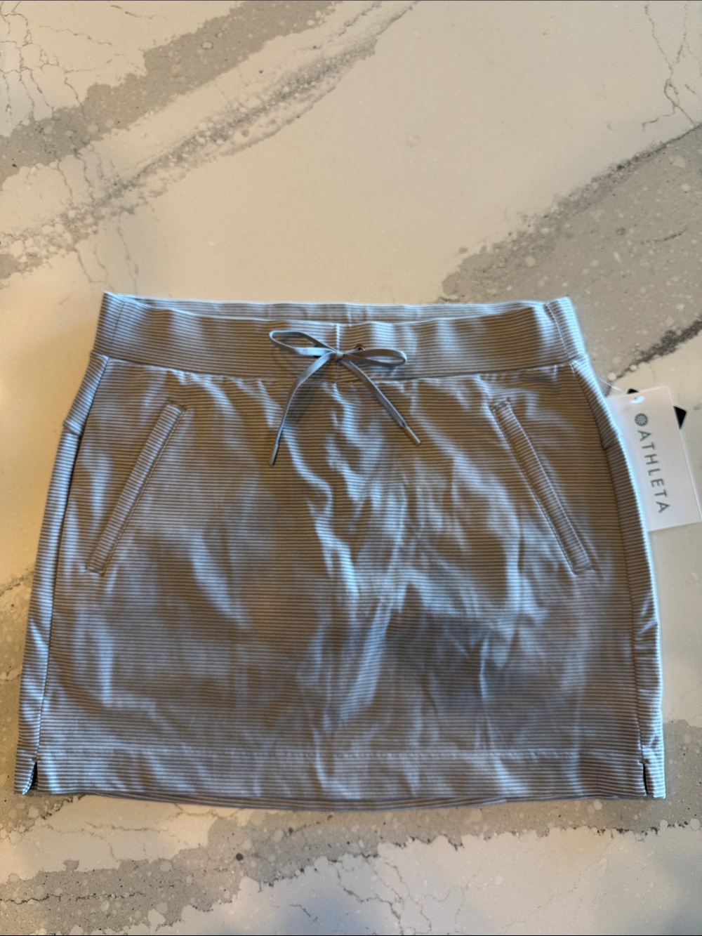 Athleta Light Gray & White Striped Drawstring Skort